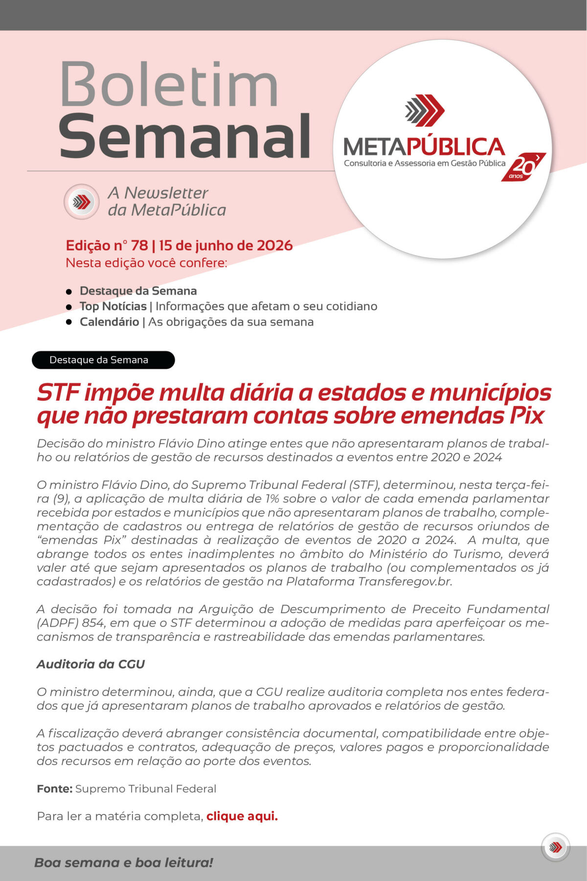 Imagem principal de BOLETIM SEMANAL Nº 78 - 15 DE JUNHO DE 2026